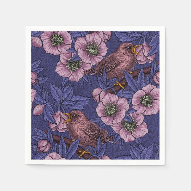 Wren and hellebore, violet and pink napkin (Front)