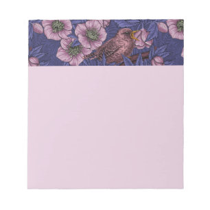 Wren and hellebore, violet and pink notepad