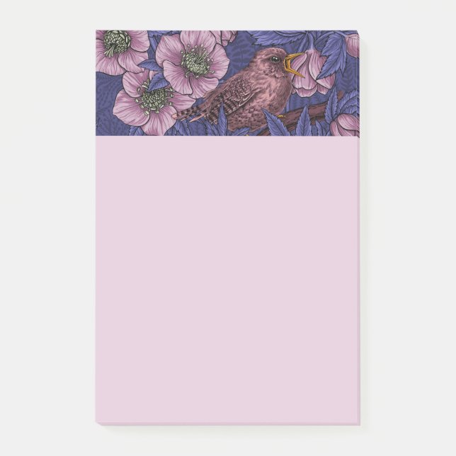 Wren and hellebore, violet and pink post-it notes (Front)