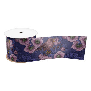 Wren and hellebore, violet and pink satin ribbon