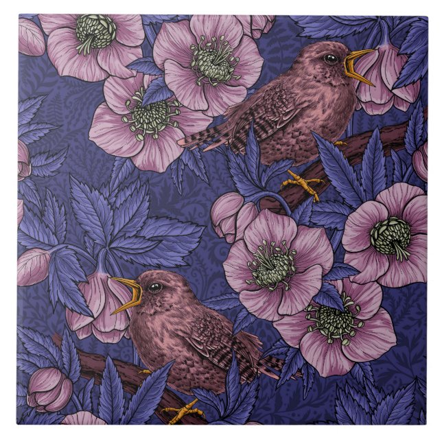 Wren and hellebore, violet and pink tile (Front)