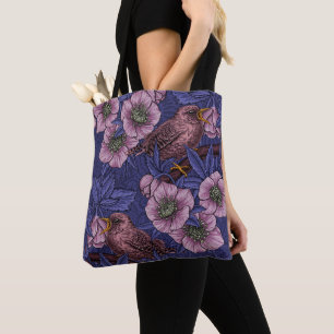Wren and hellebore, violet and pink tote bag