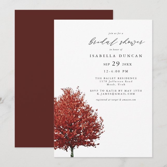 Wren - Autumn Watercolor Red Maple Tree Bridal Invitation (Front/Back)
