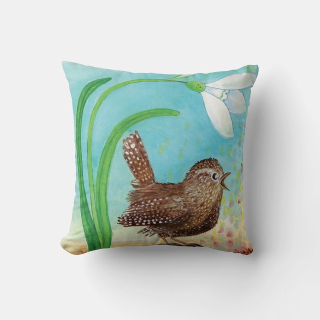 Wren Bird Sing at Dawn In the Spring   Throw Pillow (Front)