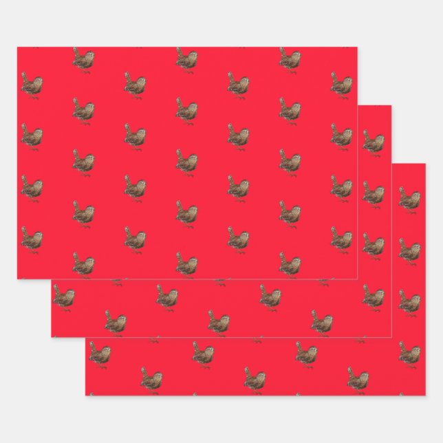 Wren Bird Singing Vivid Red Wrapping Paper Sheet (Set)