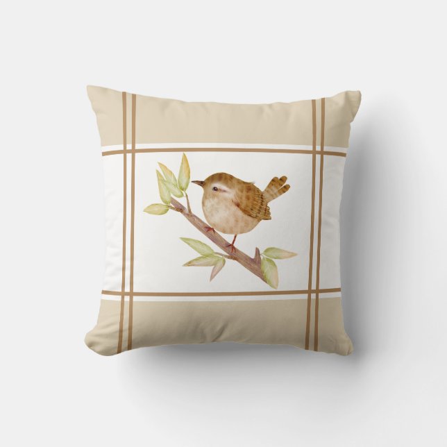 Wren Bird Throw Pillow (Front)
