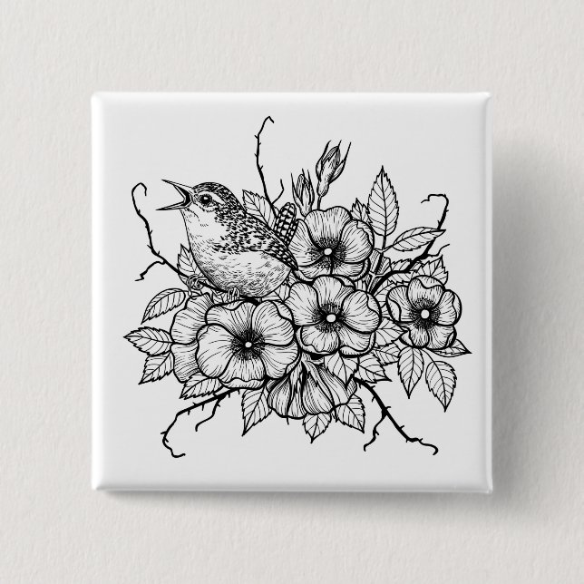 Wren bouquet 2 inch square button (Front)