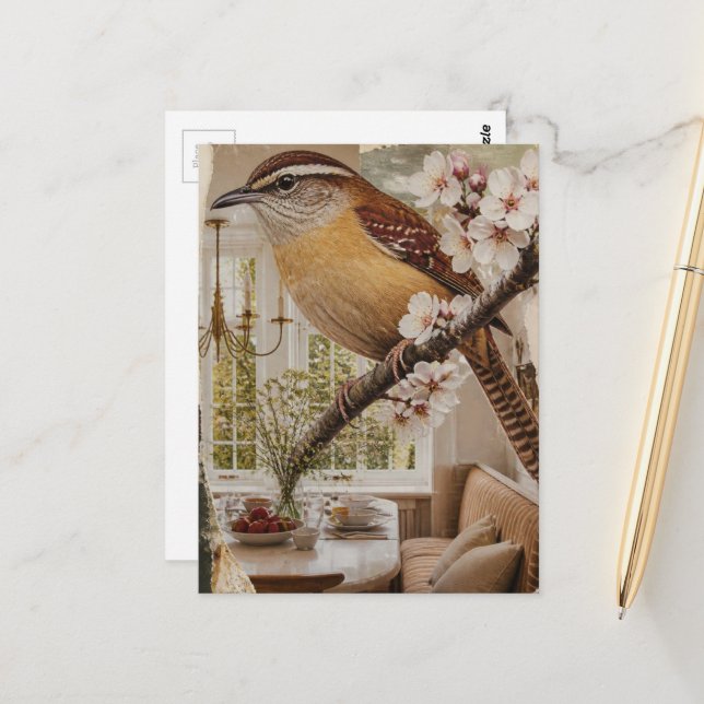 Wren in the Dining Room Surreal Collage Postcard (Front/Back In Situ)