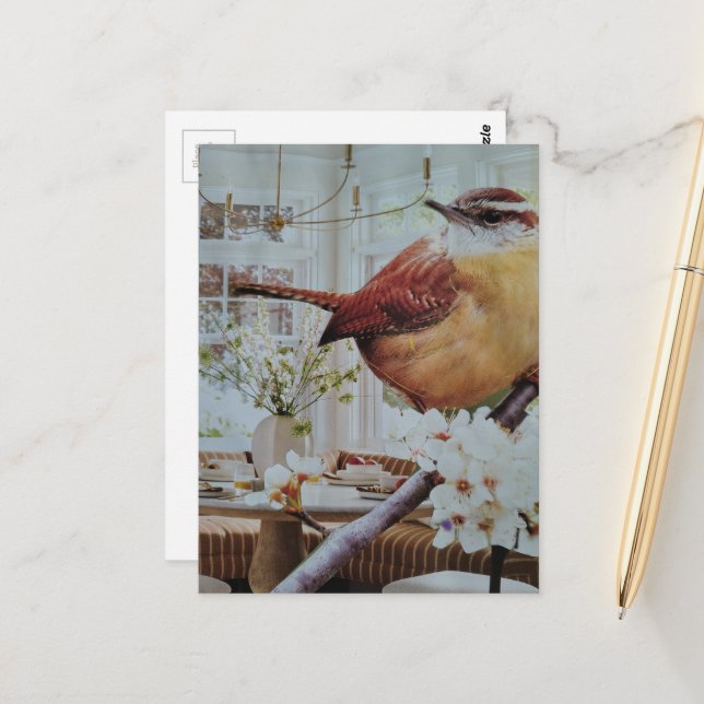 Wren in the Dining Room Surreal Collage Postcard (Front/Back In Situ)