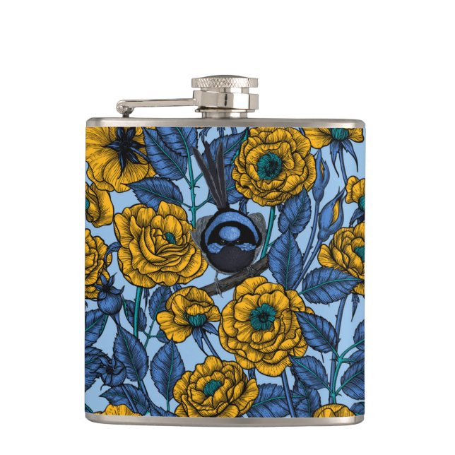 Wren in the roses hip flask (Front)