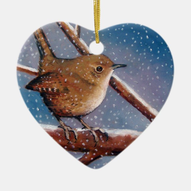 WREN IN WINTER: OIL PASTEL: BIRD ORNAMENT (Front)