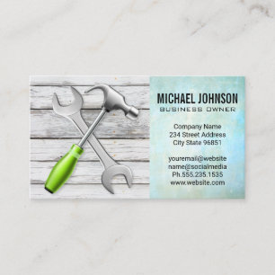 Wrench Hammer Wood Background Building Business Card