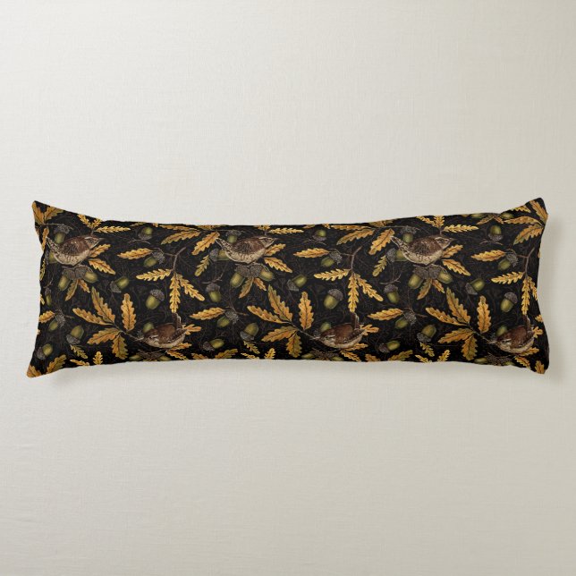 Wrens and acorns on black body pillow (Front)