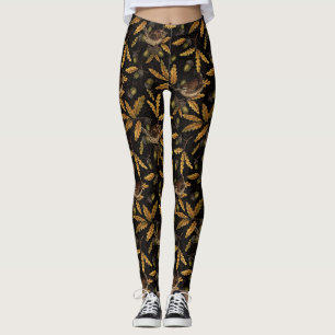 Wrens and acorns on black leggings