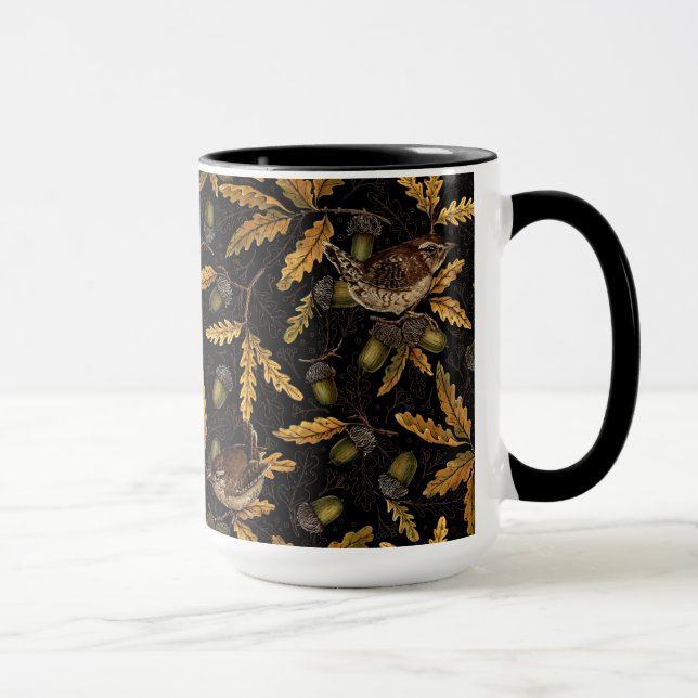 Wrens and acorns on black mug (Right)