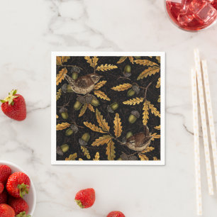 Wrens and acorns on black napkin