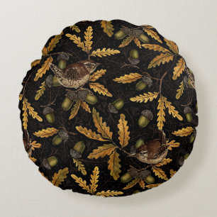 Wrens and acorns on black round pillow