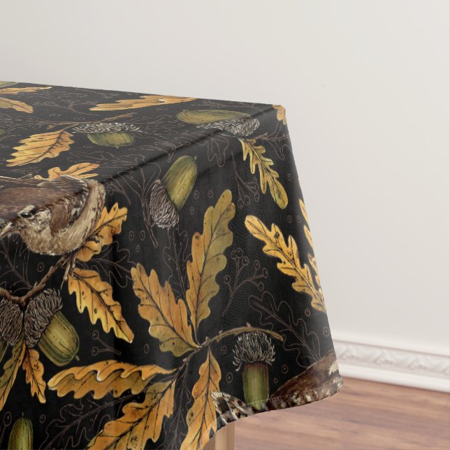 Wrens and acorns on black tablecloth (In Situ)