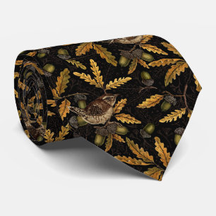 Wrens and acorns on black tie