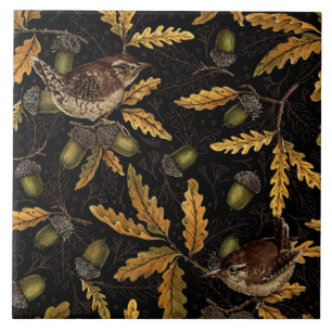 Wrens and acorns on black tile