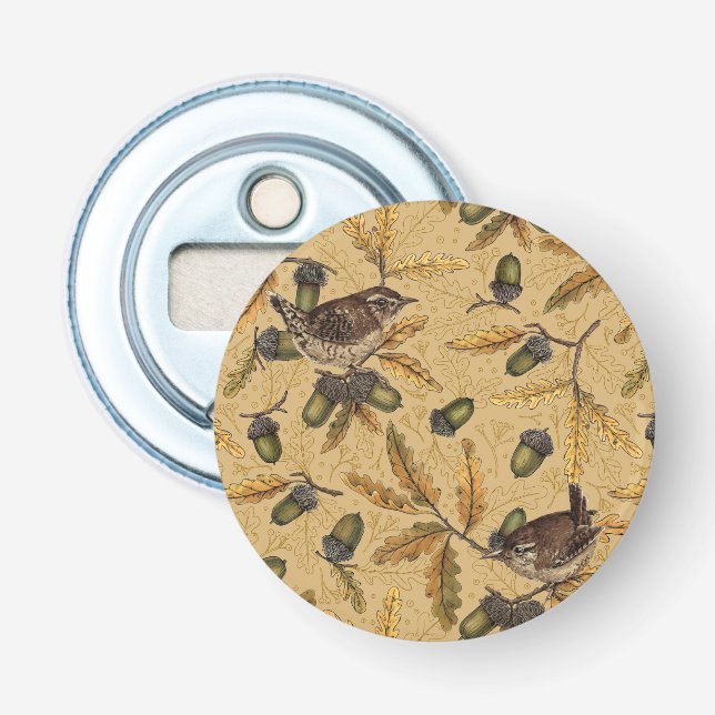 Wrens and acorns on honey bottle opener (Front)