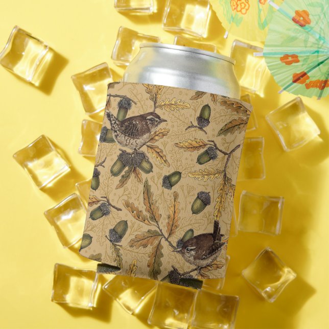 Wrens and acorns on honey can cooler (In Situ Summer)