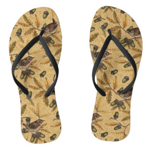 Wrens and acorns on honey flip flops