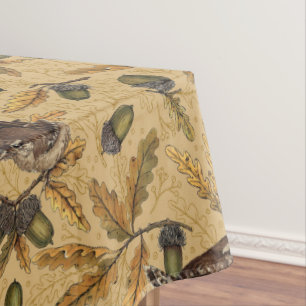 Wrens and acorns on honey tablecloth