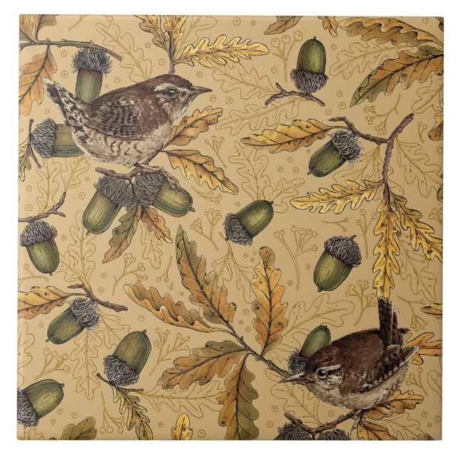Wrens and acorns on honey tile (Front)