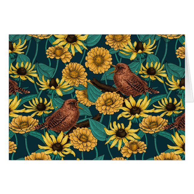 Wrens and flowers on dark blue (Front Horizontal)