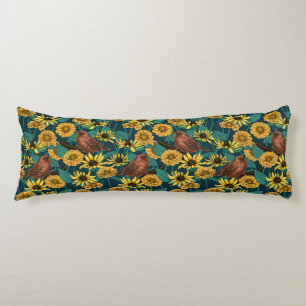 Wrens and flowers on dark blue body pillow