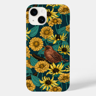 Wrens and flowers on dark blue Case-Mate iPhone 14 case