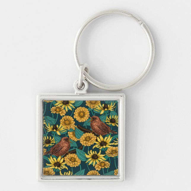 Wrens and flowers on dark blue keychain (Front)