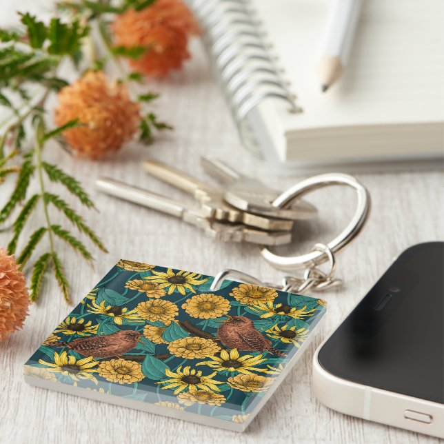 Wrens and flowers on dark blue keychain (Front Right)