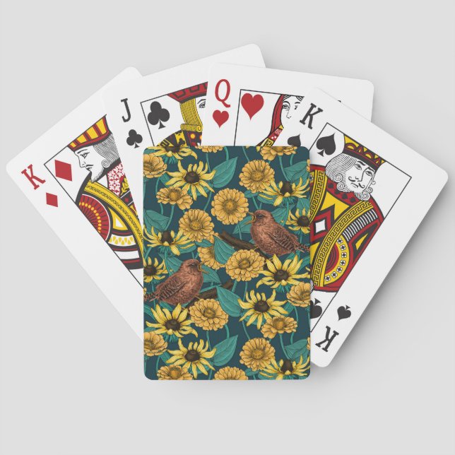 Wrens and flowers on dark blue playing cards (Back)