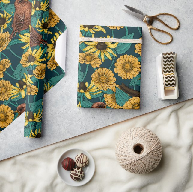 Wrens and flowers on dark blue wrapping paper (Crafts)