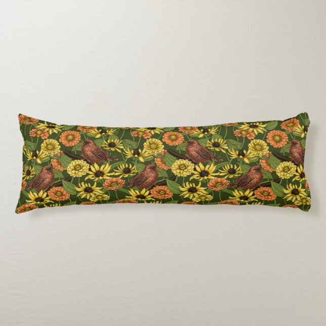 Wrens and flowers on green body pillow (Front)