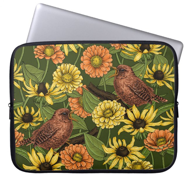 Wrens and flowers on green laptop sleeve (Front)