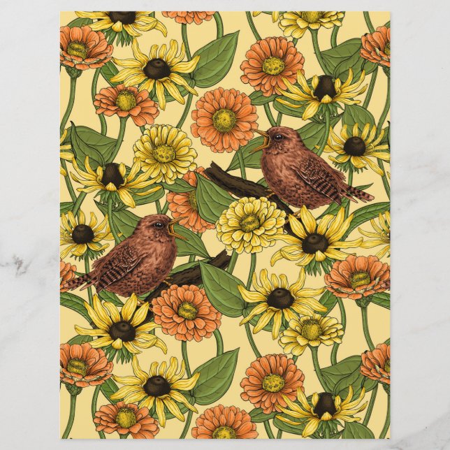 Wrens and flowers on pale yellow (Front)