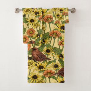 Wrens and flowers on pale yellow bath towel set