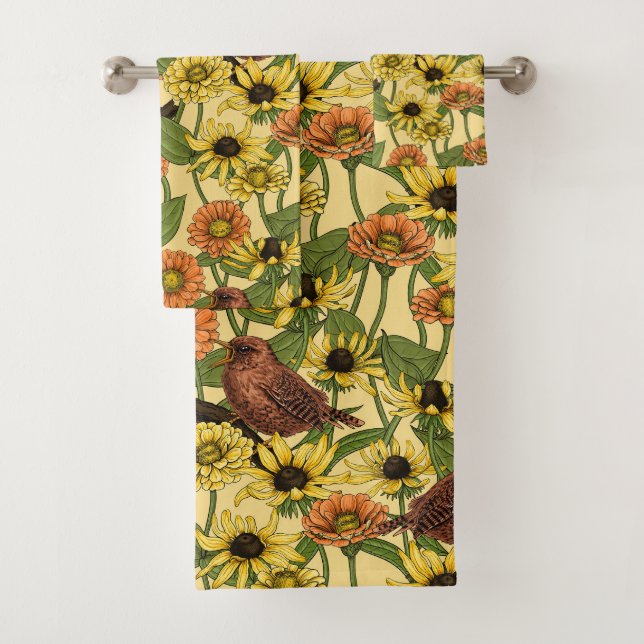 Wrens and flowers on pale yellow bath towel set (Insitu)