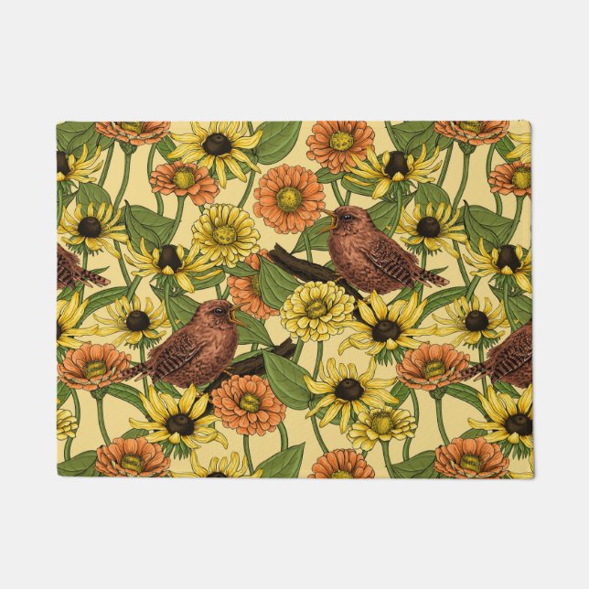 Wrens and flowers on pale yellow doormat (Front)