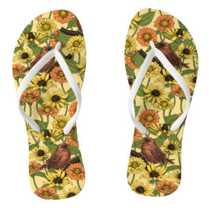 Wrens and flowers on pale yellow flip flops