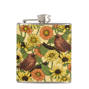 Wrens and flowers on pale yellow hip flask