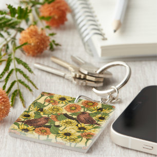 Wrens and flowers on pale yellow keychain