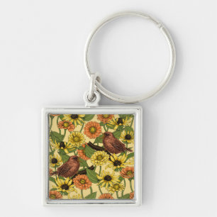 Wrens and flowers on pale yellow keychain