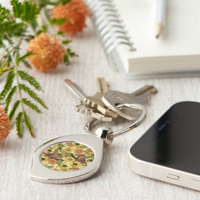 Wrens and flowers on pale yellow keychain (Side)