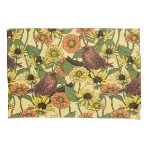 Wrens and flowers on pale yellow pillowcase