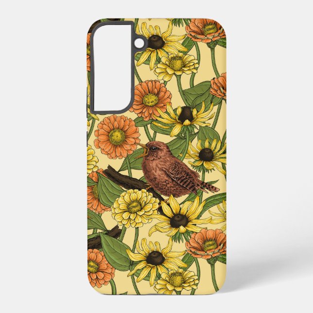 Wrens and flowers on pale yellow samsung galaxy s22+ case (Back)