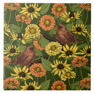 Wrens and flowers on pale yellow tile